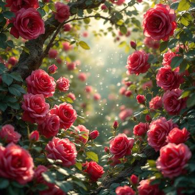 Primary subject: A tree filled with red roses.

Setting/background: The tree is surrounded by a forest, with the sun shining through the branches.

Visual style: The image is a digital artwork, featuring a close-up of the tree with red roses.

Colors and mood: The dominant colors are red and pink, creating a warm and vibrant atmosphere.